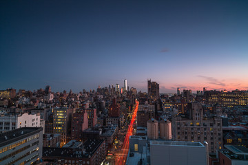 Aerial view of downtown Manhattan during sunrise