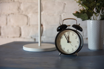 Alarm clock with table lamp and flower in pot on nightstand