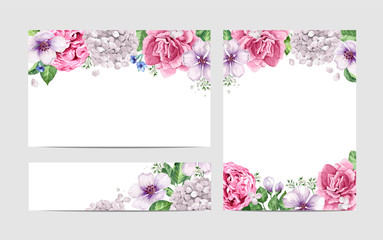Fototapeta na wymiar Floral blank template set. Flowers in watercolor style isolated on white background for web banners, polygraphy, wedding invitation, border.