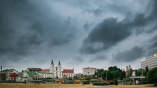 Minsk, Belarus. View Of Cathedral Of Holy Spirit. Famous Landmark, Main Orthodox Church Of Belarus. Time Lapse, Timelapse, Time-lapse