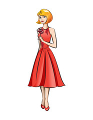 A girl in a red dress is holding a red rose in her hands, a blonde is smiling at a red flower