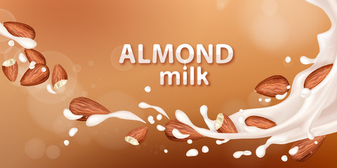 Almond milk. Realistic Milk splash with almonds. Vector illustration for advertising or packaging cosmetics or dairy products.