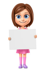 Cheerful girl in a pink dress holding a blank board on a white background. 3d render illustration.