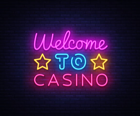 Welcome to Casino sign vector design template. Casino neon logo, light banner design element colorful modern design trend, night bright advertising, bright sign. Vector illustration © Ivan
