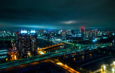Fototapeta na wymiar Aerial view over Tokyo by night - beautiful city lights
