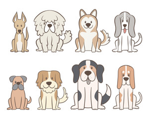 Collection of different kinds of dogs isolated on white background. Hand drawn dogs sitting in front view position. Vector illustration.