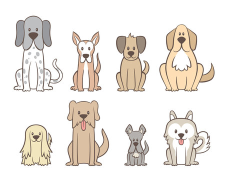 Collection Of Different Kinds Of Dogs Isolated On White Background. Hand Drawn Dogs Sitting In Front View Position. Vector Illustration.