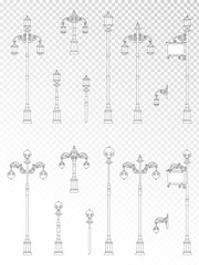 Vector set of street lights on transparent background. Collection in flat style. Monochrome.