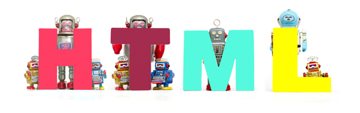 retro tin robot toys hold up the word   HTML isolated - Powered by Adobe