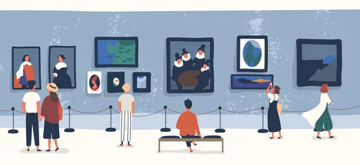Fotobehang Visitors of classic art gallery or museum viewing exhibits. People or tourists looking at paintings at exhibition. Men and women enjoying artworks. Colorful vector illustration in flat cartoon style. © Good Studio