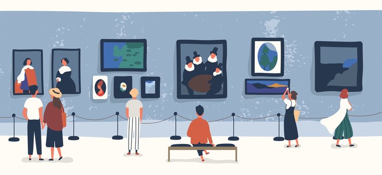 Visitors of classic art gallery or museum viewing exhibits. People or tourists looking at paintings at exhibition. Men and women enjoying artworks. Colorful vector illustration in flat cartoon style.
