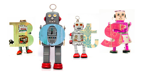 retro tin robot toys hold up the word  BOTS  4