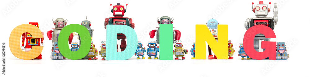 Wall mural retro tin robot toys hold up the word coding 7