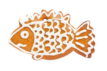 Ginger Cookie Isolated on White Background. Gingerbread Christmas Food, Fish Figure