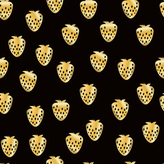 Abstract strawberry seamless pattern. Gold glittering background. Hand painted illustration.