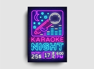 Karaoke design poster vector. Karaoke Party Design Template Flyer, Neon Style, Karaoke Night brochure, Neon Banner, Light Flyer, Concert Invitation, Live Music, Night Party Invitation. Vector