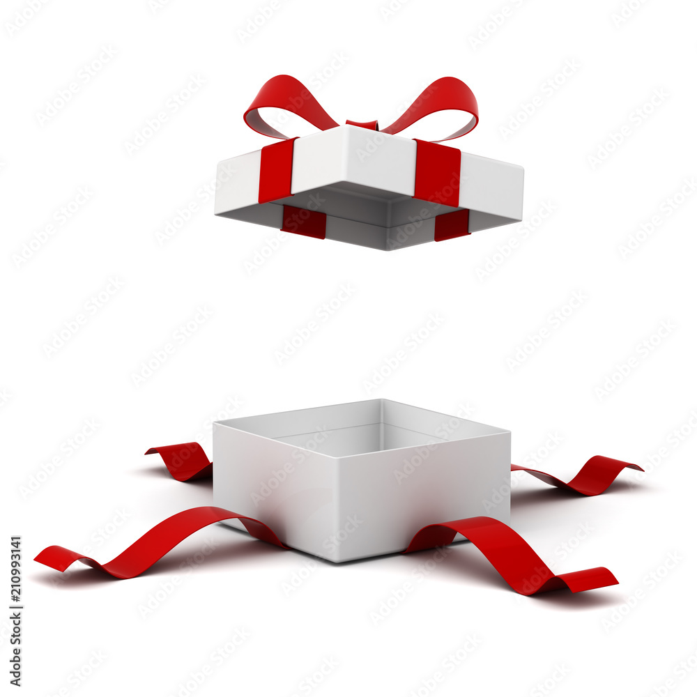 Poster Open gift box present box with red ribbon bow isolated on white background with shadow . 3D rendering.