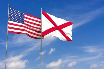 USA and Alabama flags over blue sky background. 3D illustration