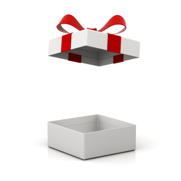 Open gift box or present box with red ribbon bow isolated on white background with shadow and reflection . 3D rendering.