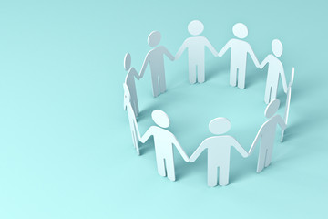 White Paper People Holding Hands In Circle on blue background . 3D rendering.