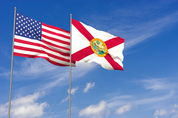 USA and Florida flags over blue sky background. 3D illustration