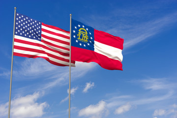 USA and Georgia flags over blue sky background. 3D illustration