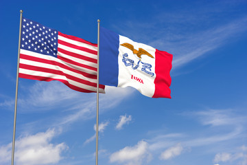 USA and Iowa flags over blue sky background. 3D illustration