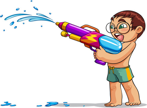 Kid Playing Water Gun Vector Illustration