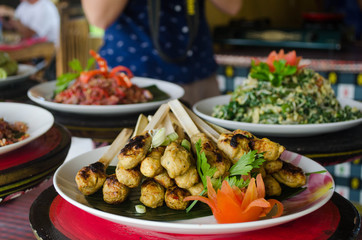 Smoked tuna sticks prepared during the cooking class in Bali, Ubud. Traditional Balinese food.