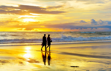 Couple walking tropical  beach romantic