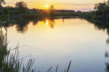 The river, which reflects the rising sun in the summer; Dawn over the river, forest and meadow