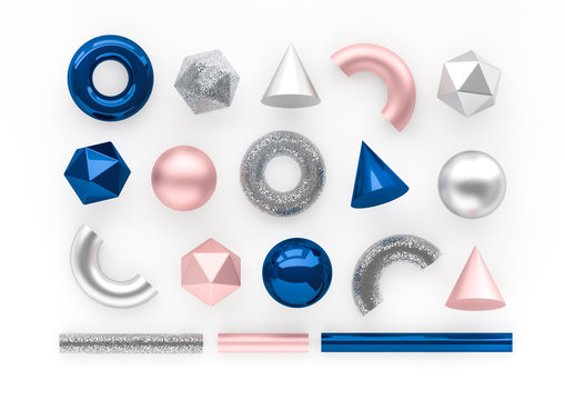 Set of 3d render realistic primitives on white background. Isolated graphic elements. Spheres, torus, tubes, cones and other geometric shapes in rose gold metallic and blue colors for trendy designs.