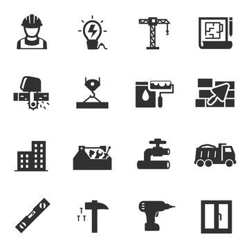 Building construction, monochrome icons set. Constructing a house or infrastructure, simple symbols collection