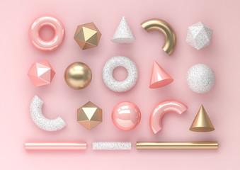 Fototapeta Set of 3d render realistic primitives on pink background. Isolated graphic elements. Spheres, torus, tubes, cones and other geometric shapes in golden metallic and white colors for trendy designs. obraz