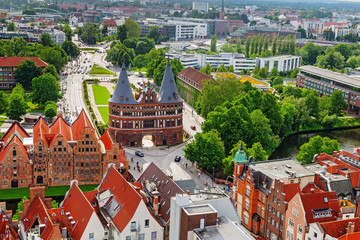 Old German town of Lubeck. Old historic city in Germany. Panorama of small town. Top view on...