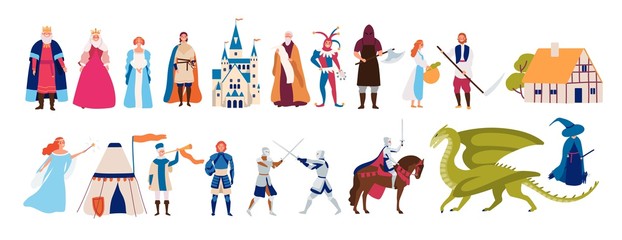 Fototapeta Collection of cute funny male and female characters and items and monsters from medieval fairytale or legend isolated on white background. Colorful vector illustration in flat cartoon style. obraz