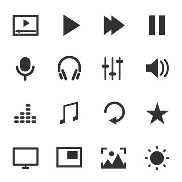 Multimedia, monochrome icons set. Control multimedia devices, simple symbols collection