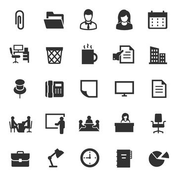 Office, monochrome icons set. work and business. workplace attributes, simple symbols collection