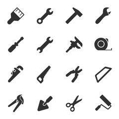 Building mechanical tools, monochrome icons set. plumbing work, repair, construction buildings, simple symbols collection