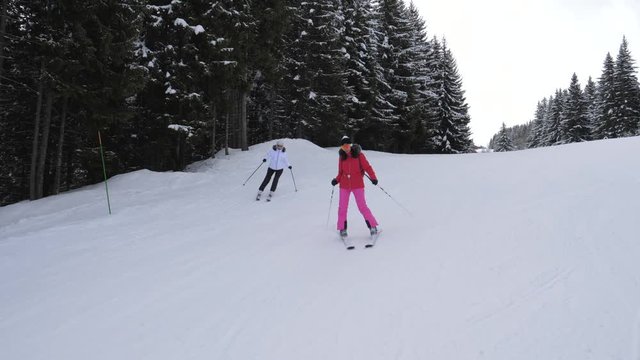Women Skiers Ride One After Another On A Ski In The Mountains On A Forest Track