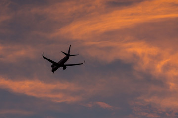 Fototapeta na wymiar Landing airplane at urban colorful sunset. Silhouette, selective focus. Landscape, background.