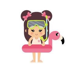 cartoon summer girl in a swimsuit with diving mask and flamingo float