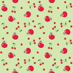red apples and cherries on light green background - seamless vector pattern