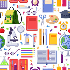 Back to school vector seamless pattern. Colorful education stationery supplies and tools. Fashion print background