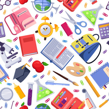 Back to school vector seamless pattern. Colorful education stationery supplies and tools. Fashion print background