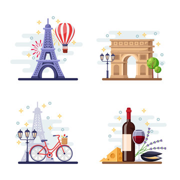 Travel to Paris vector flat illustration. City symbols, landmarks and food. France icons and design elements