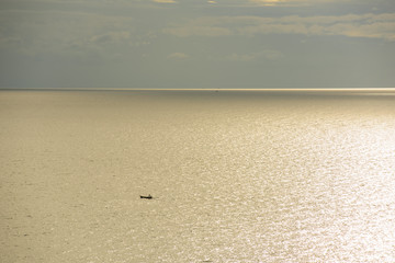 Fishing boat is sailing in the golden sea.