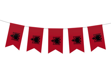 Albania national flag festive bunting against a plain white background. 3D Rendering