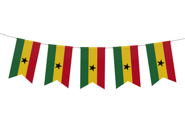 Ghana national flag festive bunting against a plain white background. 3D Rendering