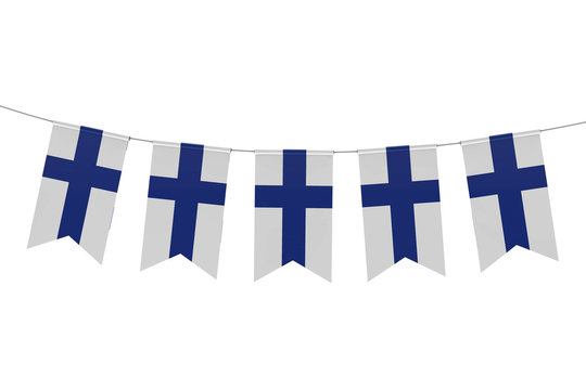 Finland national flag festive bunting against a plain white background. 3D Rendering